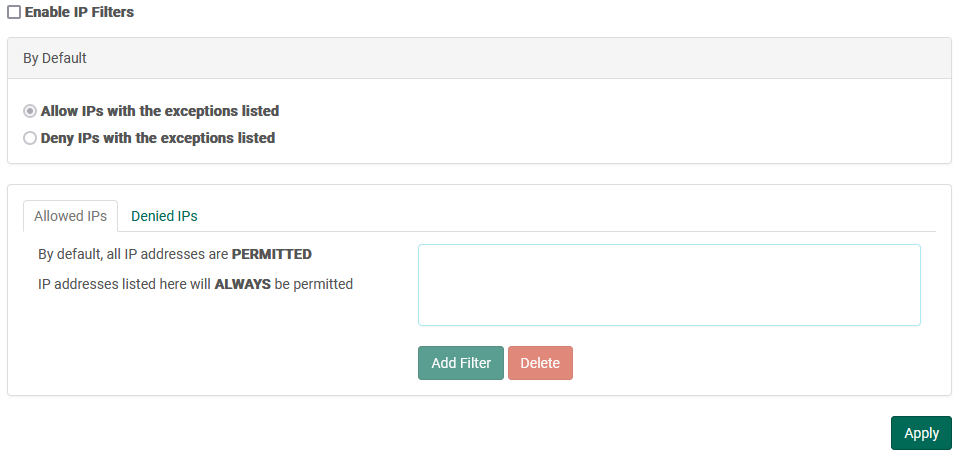 IP Filters Main Screen